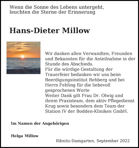 Traueranzeige von Hans-Dieter Millow von Ostsee-Zeitung GmbH