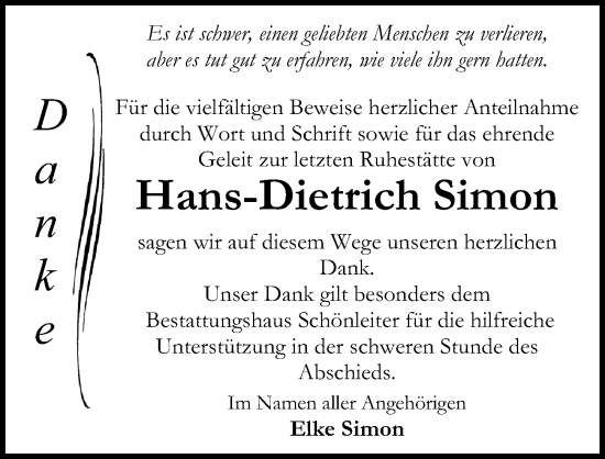 Traueranzeige von Hans-Dietrich Simon von Ostsee-Zeitung GmbH