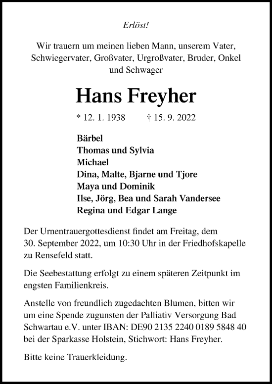 Traueranzeige von Hans Freyher von Lübecker Nachrichten