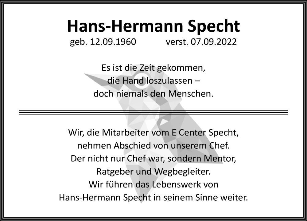  Traueranzeige für Hans-Hermann Specht vom 15.09.2022 aus Märkischen Allgemeine Zeitung