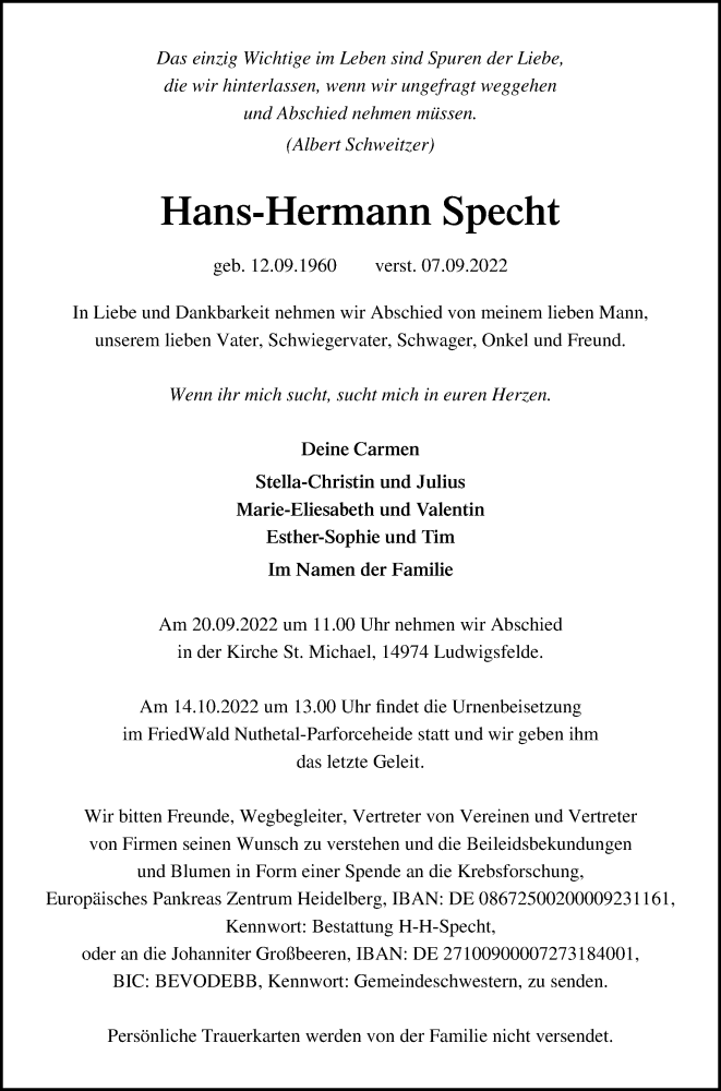  Traueranzeige für Hans-Hermann Specht vom 14.09.2022 aus Märkischen Allgemeine Zeitung