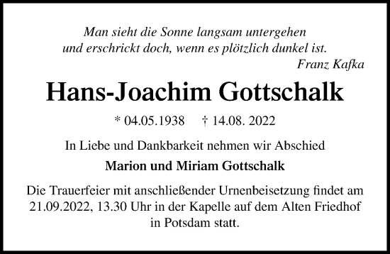 Traueranzeige von Hans-Joachim Gottschalk von Märkischen Allgemeine Zeitung