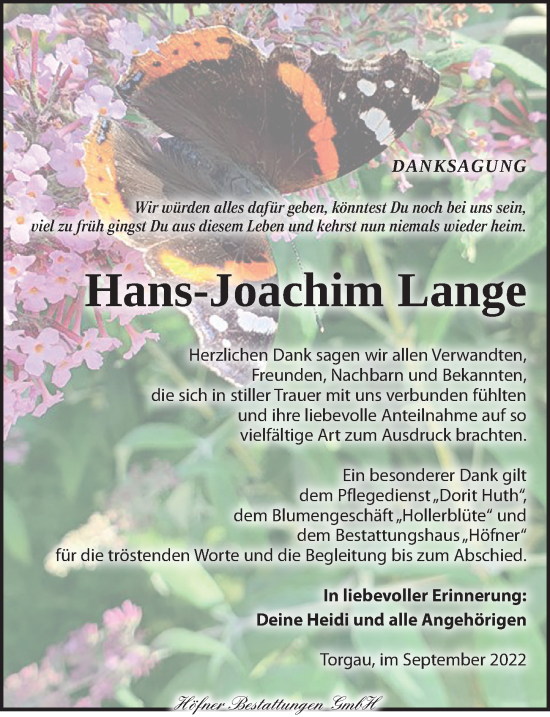 Traueranzeige von Hans-Joachim Lange von Torgauer Zeitung