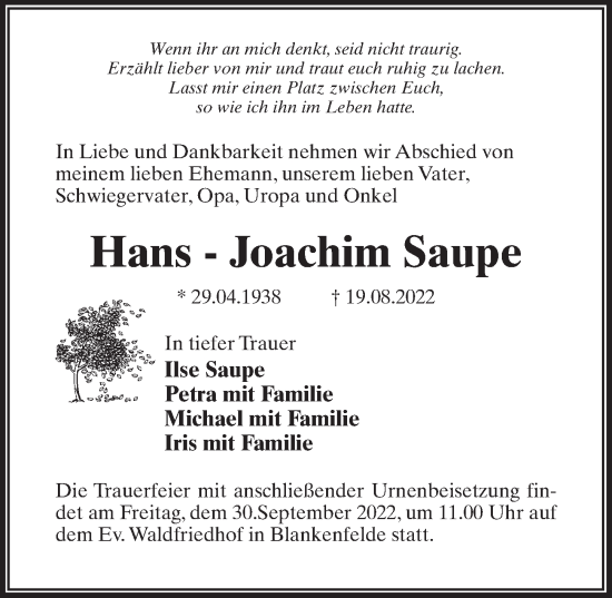 Traueranzeige von Hans-Joachim Saupe von Märkischen Allgemeine Zeitung