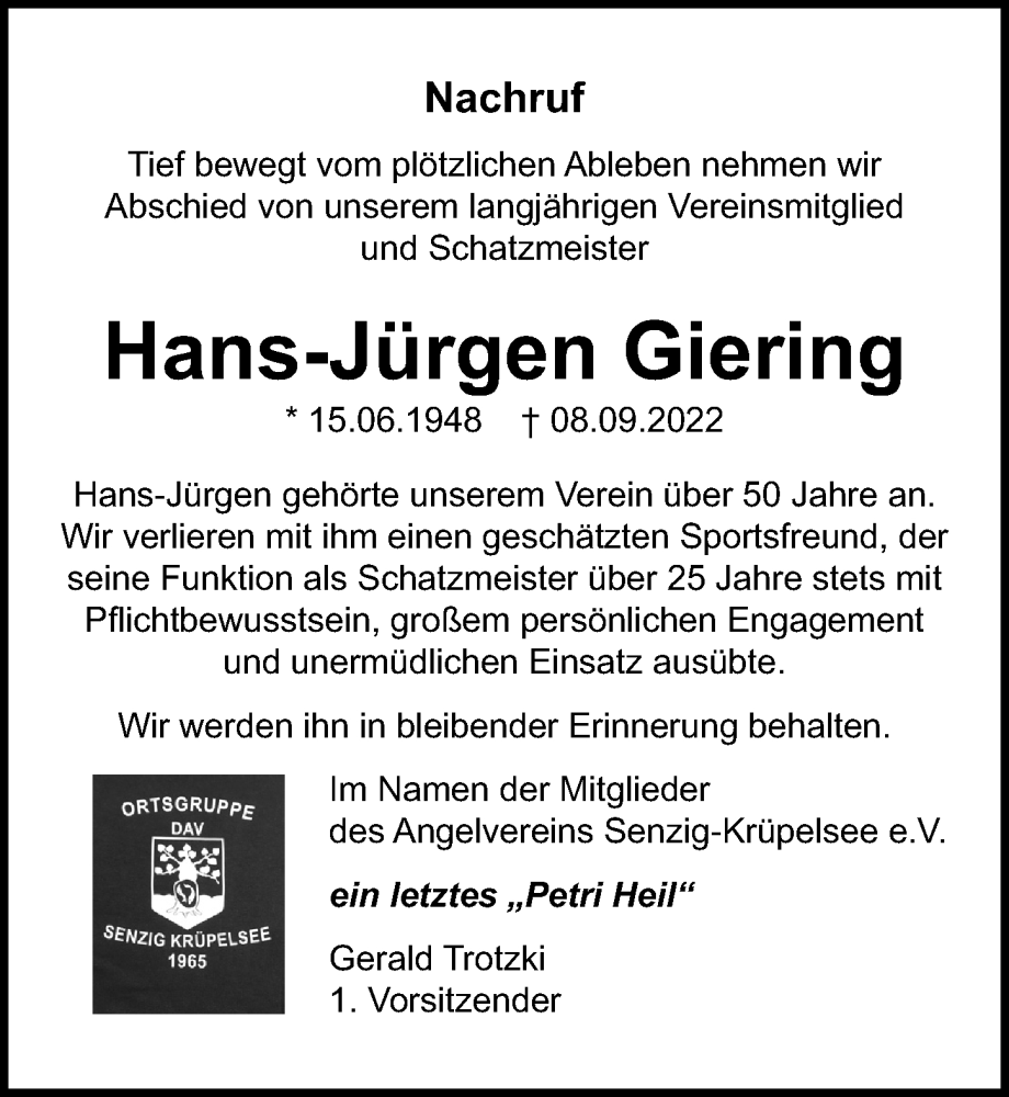  Traueranzeige für Hans-Jürgen Giering vom 24.09.2022 aus Märkischen Allgemeine Zeitung