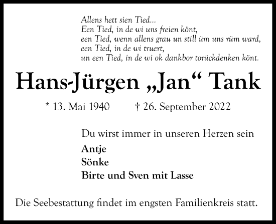 Traueranzeige von Hans-Jürgen Tank von Kieler Nachrichten