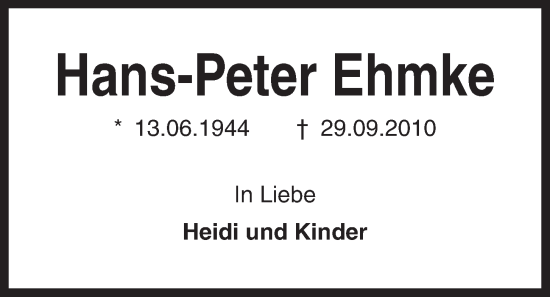 Traueranzeige von Hans-Peter Ehmke von Kieler Nachrichten