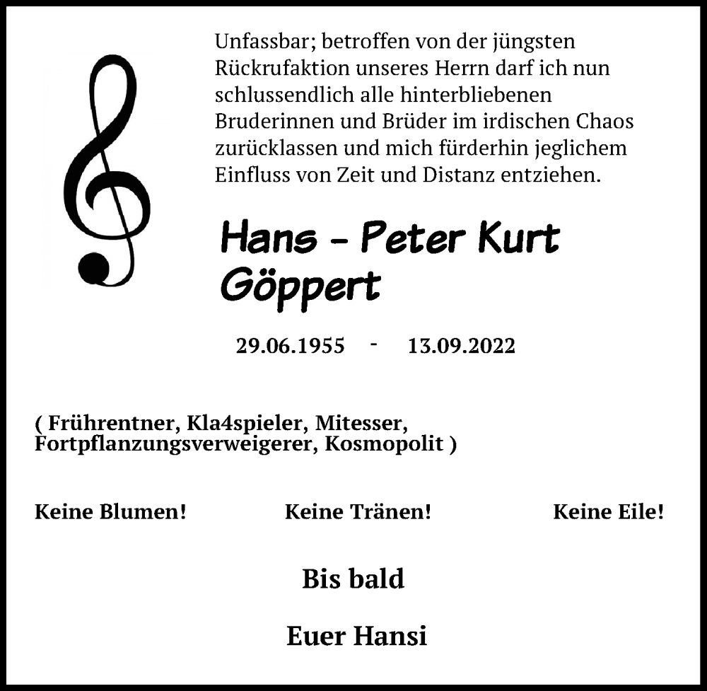  Traueranzeige für Hans-Peter Kurt Göppert vom 17.09.2022 aus Ostsee-Zeitung GmbH