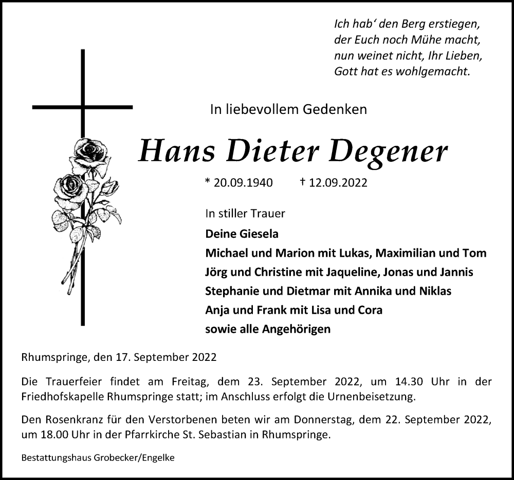  Traueranzeige für Hans Dieter Degener vom 17.09.2022 aus Eichsfelder Tageblatt