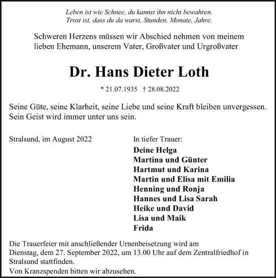 Traueranzeige von Hans Dieter Loth von Ostsee-Zeitung GmbH