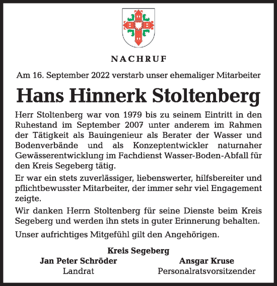 Traueranzeige von Hans Hinnerk Stoltenberg von Kieler Nachrichten