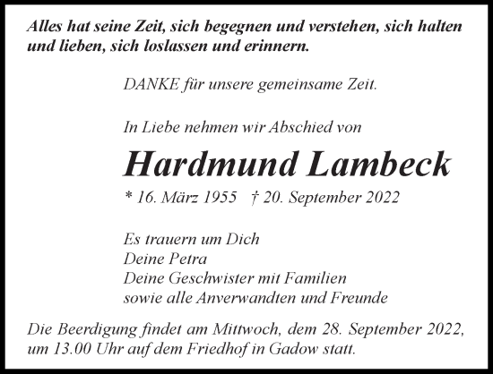 Traueranzeige von Hardmund Lambeck von Märkischen Allgemeine Zeitung