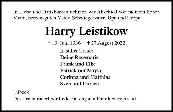 Traueranzeige von Harry Leistikow von Lübecker Nachrichten