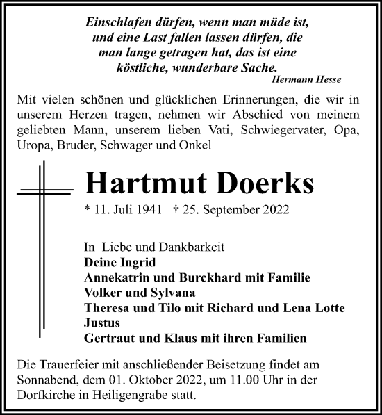 Traueranzeige von Hartmut Doerks von Märkischen Allgemeine Zeitung