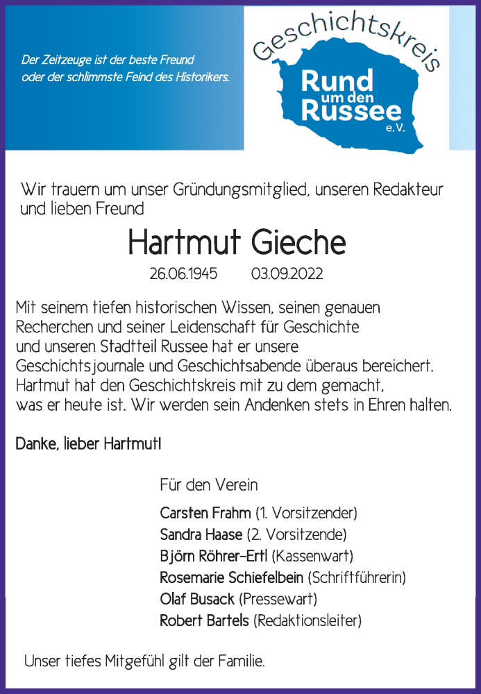  Traueranzeige für Hartmut Gieche vom 17.09.2022 aus Kieler Nachrichten