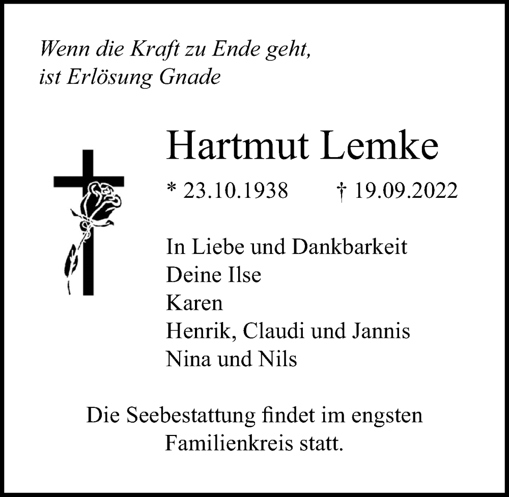  Traueranzeige für Hartmut Lemke vom 25.09.2022 aus Lübecker Nachrichten