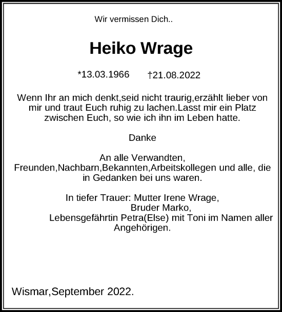 Traueranzeige von Heiko Wrage von Ostsee-Zeitung GmbH