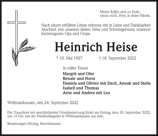Traueranzeige von Heinrich Heise von Göttinger Tageblatt