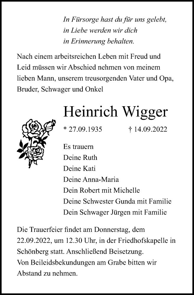  Traueranzeige für Heinrich Wigger vom 17.09.2022 aus Ostsee-Zeitung GmbH