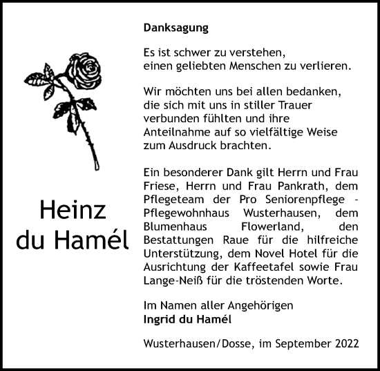 Traueranzeige von Heinz du Hamel von Märkischen Allgemeine Zeitung
