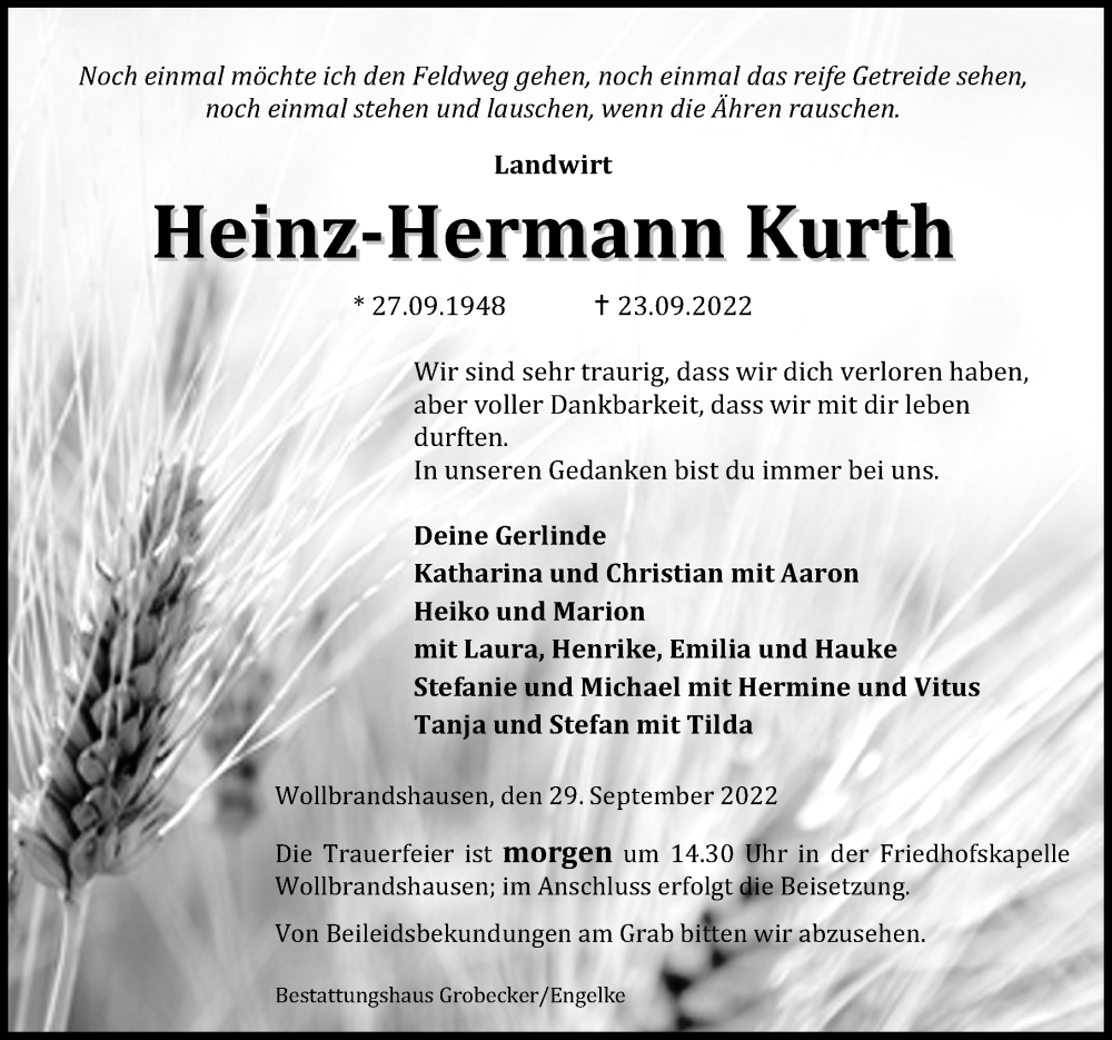  Traueranzeige für Heinz-Hermann Kurth vom 29.09.2022 aus Eichsfelder Tageblatt