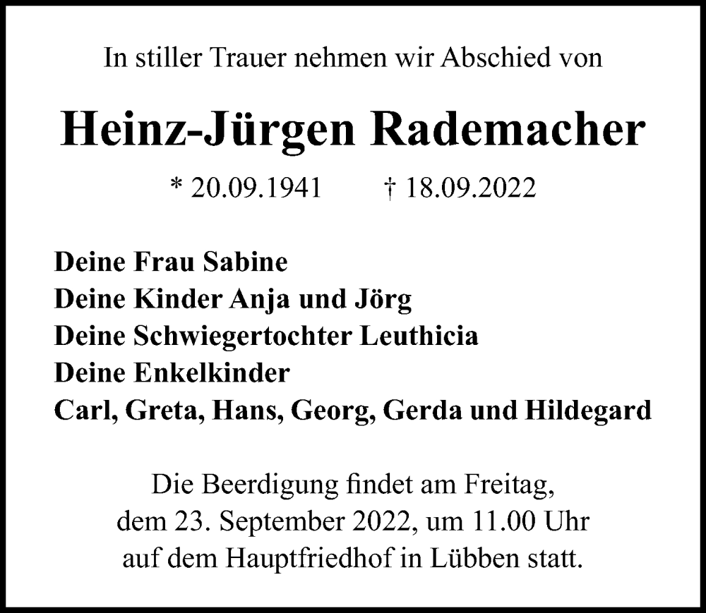  Traueranzeige für Heinz-Jürgen Rademacher vom 21.09.2022 aus Märkischen Allgemeine Zeitung