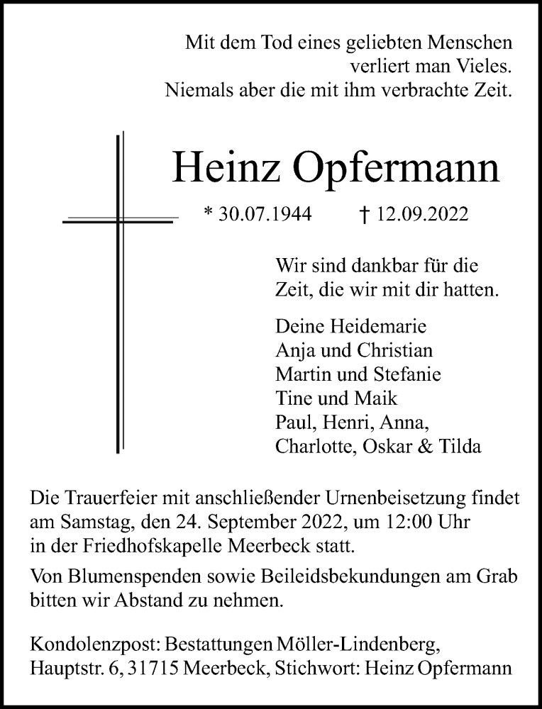  Traueranzeige für Heinz Opfermann vom 17.09.2022 aus Schaumburger Nachrichten