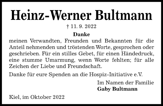 Traueranzeige von Heinz-Werner Bultmann von Kieler Nachrichten