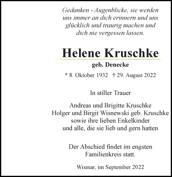 Traueranzeige von Helene Kruschke von Ostsee-Zeitung GmbH