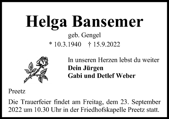 Traueranzeige von Helga Bansemer von Kieler Nachrichten