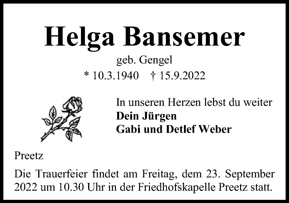  Traueranzeige für Helga Bansemer vom 21.09.2022 aus Kieler Nachrichten
