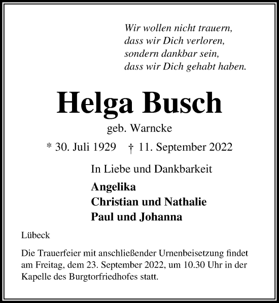 Traueranzeige von Helga Busch von Lübecker Nachrichten