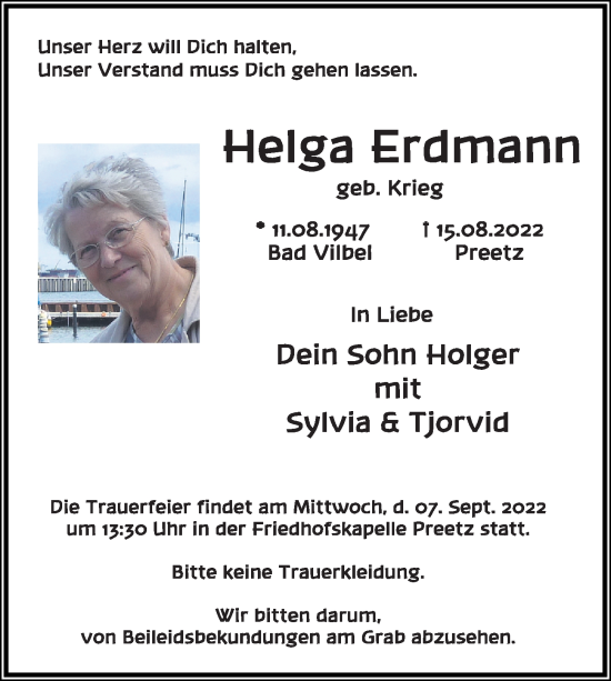 Traueranzeige von Helga Erdmann von Kieler Nachrichten