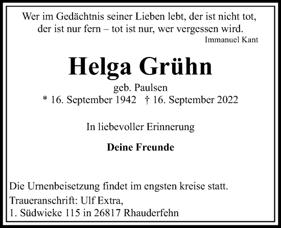 Traueranzeige von Helga Grühn von Kieler Nachrichten