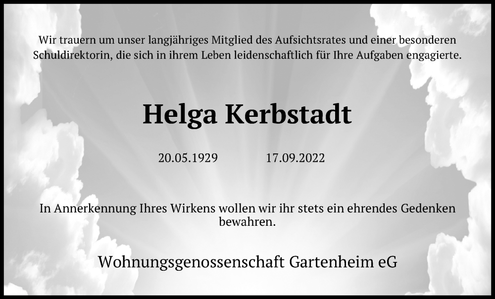  Traueranzeige für Helga Kerbstadt vom 24.09.2022 aus Hannoversche Allgemeine Zeitung/Neue Presse