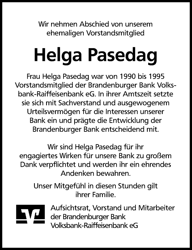  Traueranzeige für Helga Pasedag vom 03.09.2022 aus Märkischen Allgemeine Zeitung