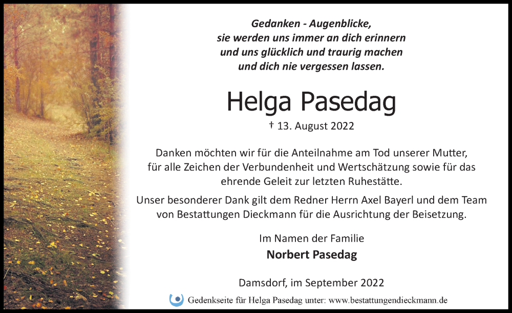  Traueranzeige für Helga Pasedag vom 17.09.2022 aus Märkischen Allgemeine Zeitung
