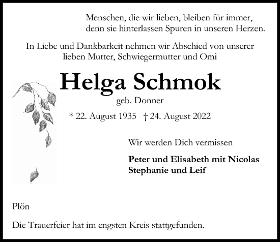 Traueranzeige von Helga Schmok von Kieler Nachrichten