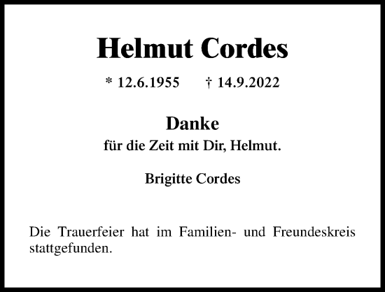 Traueranzeige von Helmut Cordes von Lübecker Nachrichten