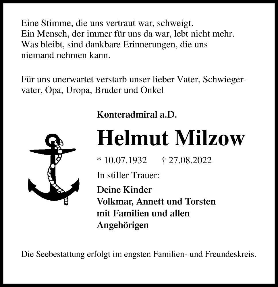  Traueranzeige für Helmut Milzow vom 10.09.2022 aus Ostsee-Zeitung GmbH