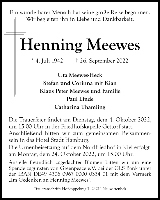 Traueranzeige von Henning Meewes von Kieler Nachrichten