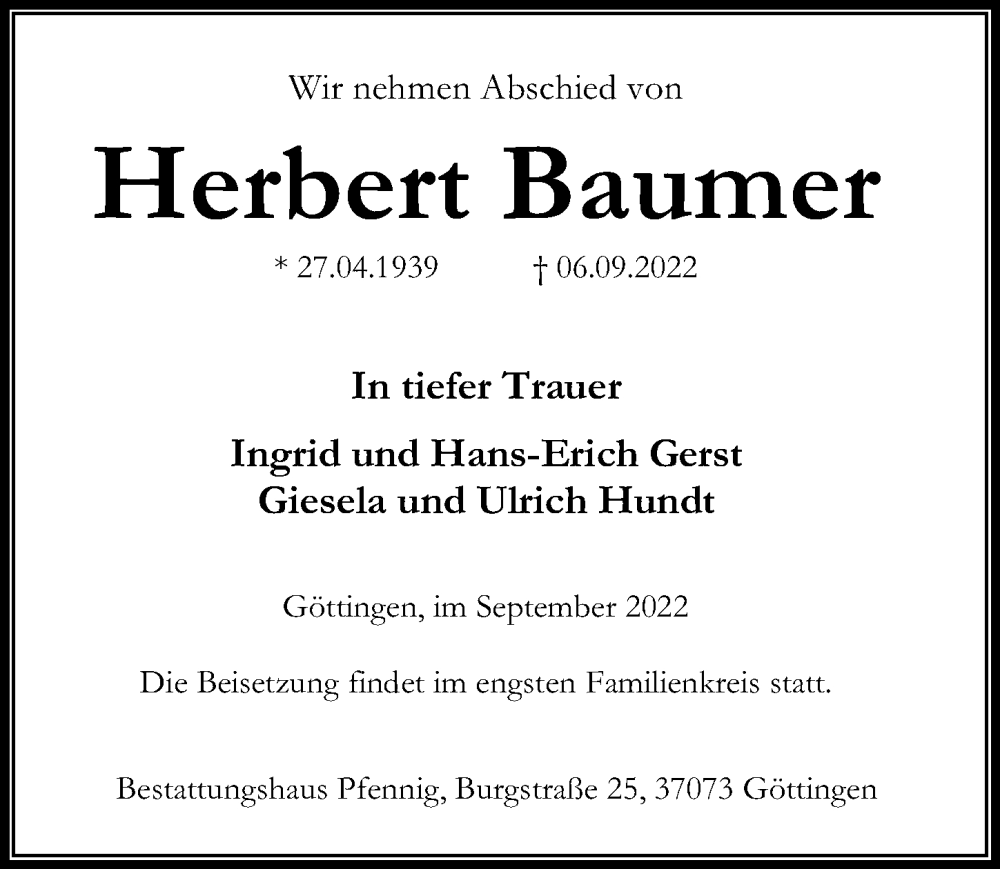  Traueranzeige für Herbert Baumer vom 10.09.2022 aus Göttinger Tageblatt