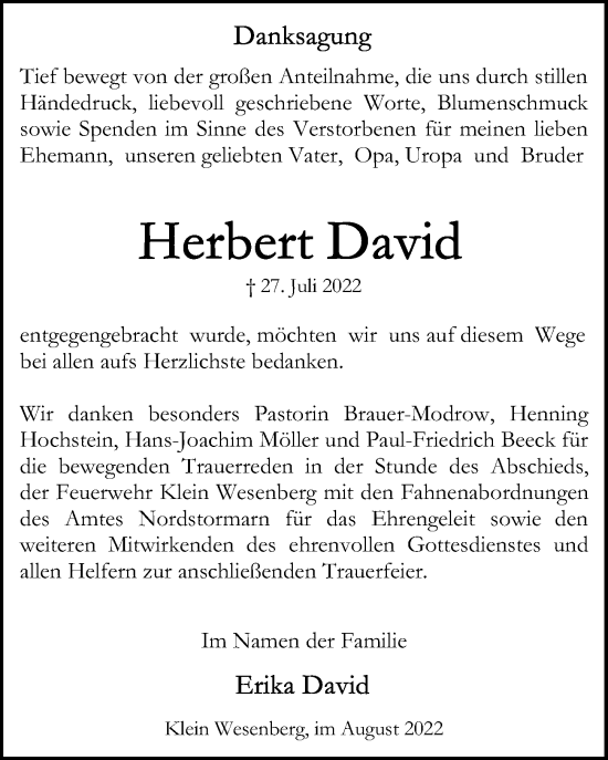 Traueranzeige von Herbert David von Lübecker Nachrichten