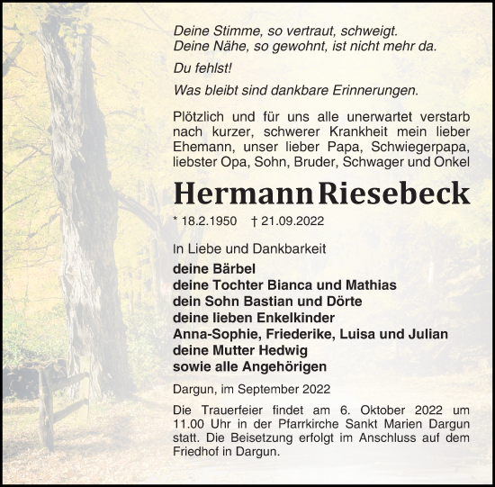 Traueranzeige von Hermann Riesebeck von Ostsee-Zeitung GmbH