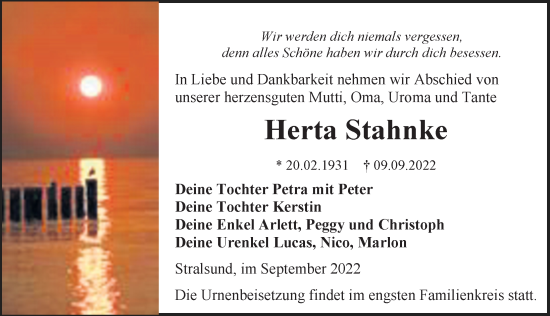 Traueranzeige von Herta Stahnke von Ostsee-Zeitung GmbH