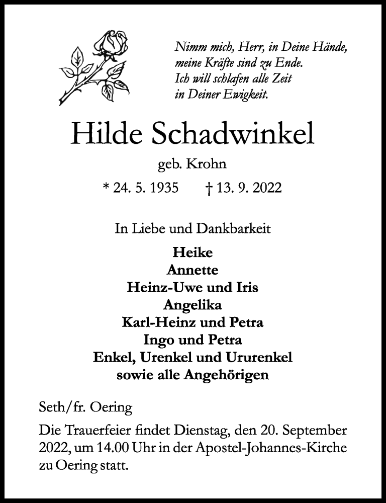  Traueranzeige für Hilde Schadwinkel vom 17.09.2022 aus Kieler Nachrichten