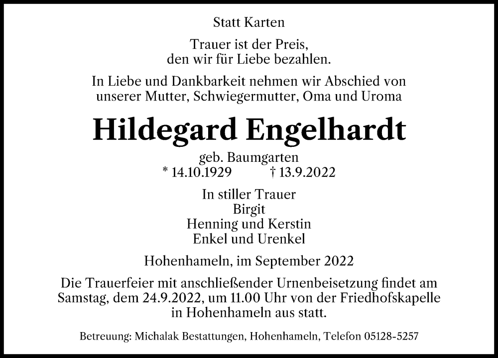  Traueranzeige für Hildegard Engelhardt vom 17.09.2022 aus Peiner Allgemeine Zeitung