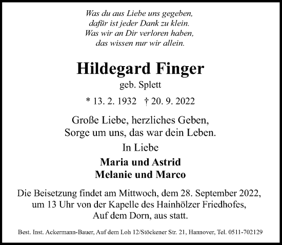 Traueranzeige von Hildegard Finger von Hannoversche Allgemeine Zeitung/Neue Presse