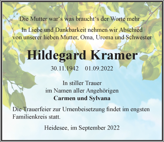 Traueranzeige von Hildegard Kramer von Märkischen Allgemeine Zeitung