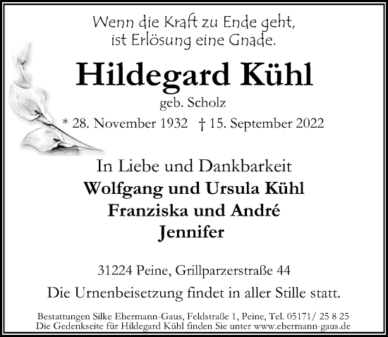 Traueranzeige von Hildegard Kühl von Peiner Allgemeine Zeitung